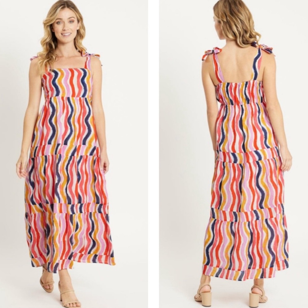 Jude Connally Rose Painted Multicolor Stripe Voile Tiered Maxi Dress Size S